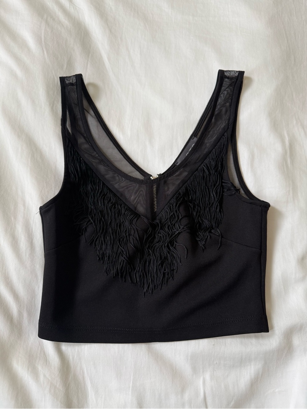 Astr Black Fringe V-Neck Crop Top with Mesh Trim